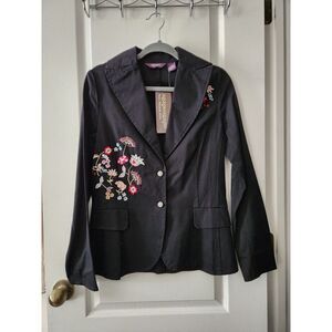 Agapo Women's Blazer Jacket  Floral Embroidery‎ Black 100% Cotton Size S
